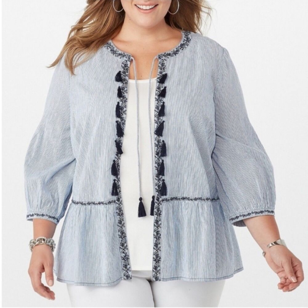 Westport | Seersucker Tassel Front Blue & White Lightweight Jacket Topper | XL